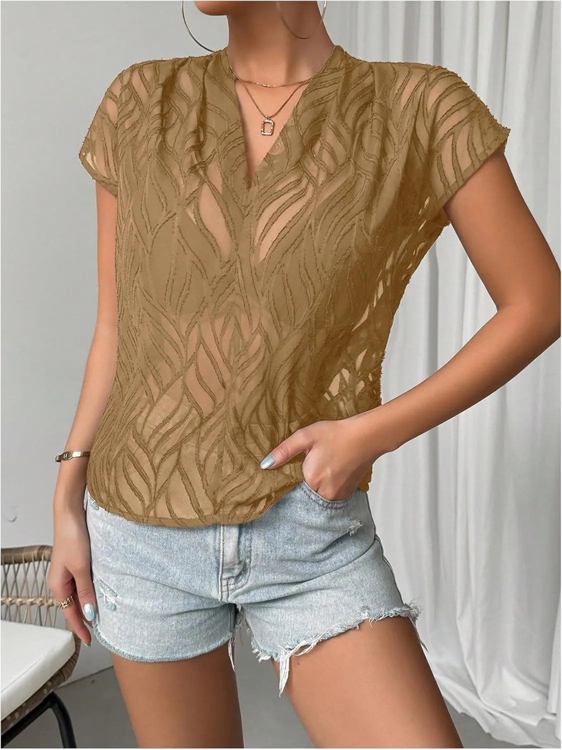 SweatyRocks Women's Sheer Mesh See Through Short Sleeve Blouse V Neck Plain Tee Shirt Tops