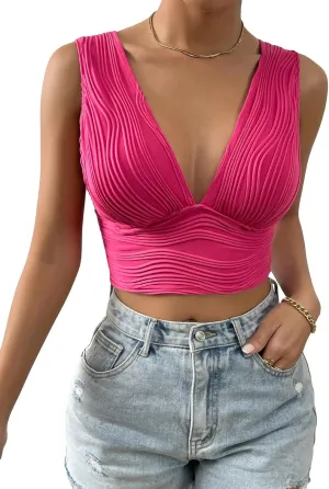 SweatyRocks Women's Solid Deep V Neck Backless Crop Top Sleeveless Slim Fit Textured Tank Top Summer