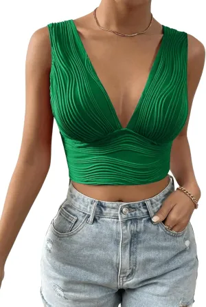 SweatyRocks Women's Solid Deep V Neck Backless Crop Top Sleeveless Slim Fit Textured Tank Top Summer