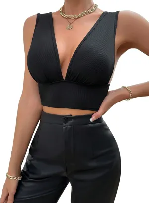 SweatyRocks Women's Solid Deep V Neck Backless Crop Top Sleeveless Slim Fit Textured Tank Top Summer