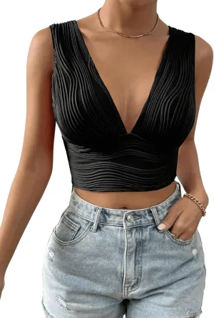 SweatyRocks Women's Solid Deep V Neck Backless Crop Top Sleeveless Slim Fit Textured Tank Top Summer