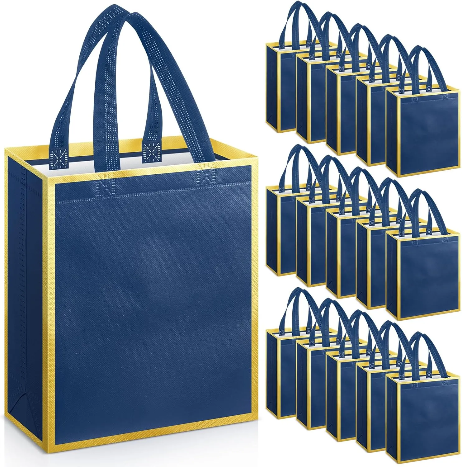 Sweetude 16 Pcs Reusable Gift Goodie Bags with Handles Non Woven Party Favor Shopping Tote Bags for Wedding Birthday Holiday Party Graduation Bridesmaid Gift(Blue Gold,8 x 4 x 10 Inch)