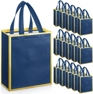 Sweetude 16 Pcs Reusable Gift Goodie Bags with Handles Non Woven Party Favor Shopping Tote Bags for Wedding Birthday Holiday Party Graduation Bridesmaid Gift(Blue Gold,8 x 4 x 10 Inch)