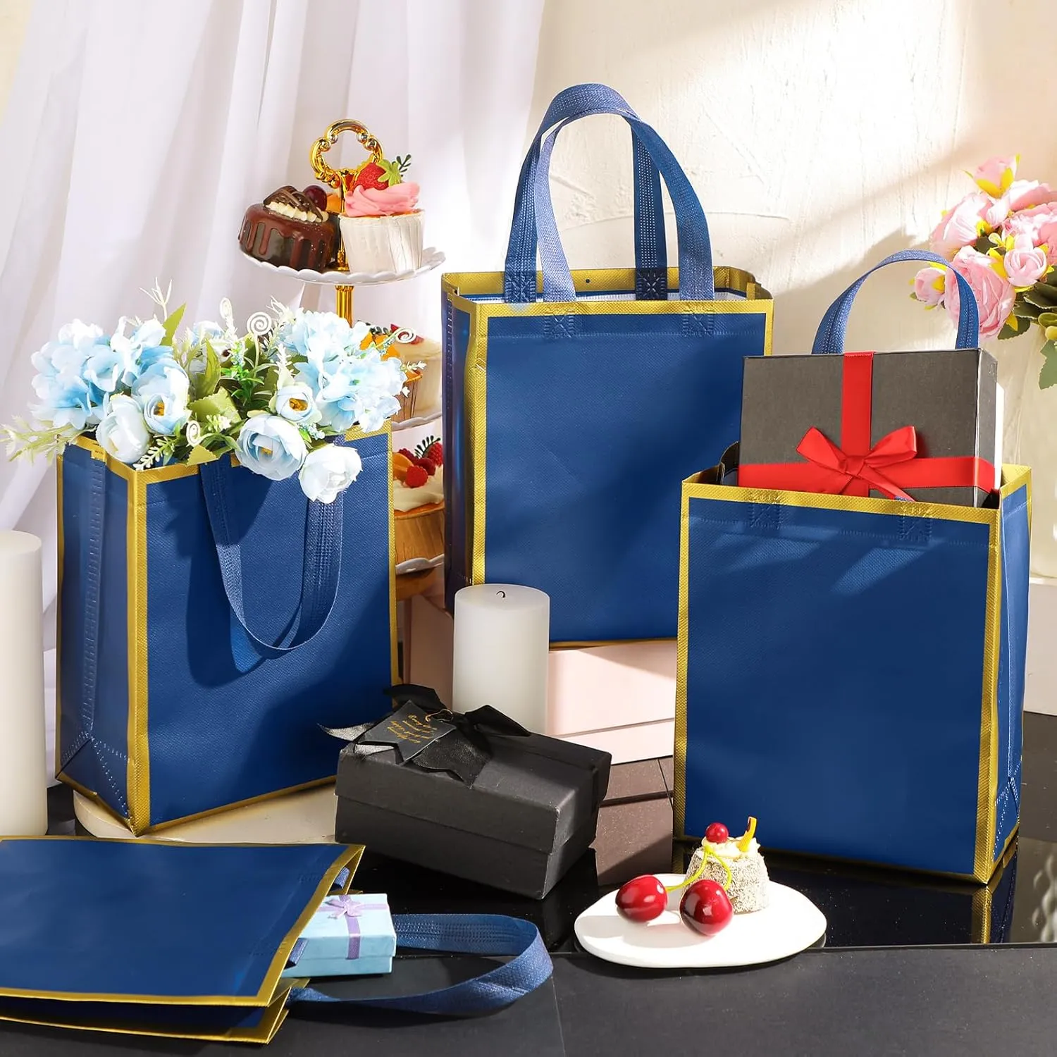 Sweetude 16 Pcs Reusable Gift Goodie Bags with Handles Non Woven Party Favor Shopping Tote Bags for Wedding Birthday Holiday Party Graduation Bridesmaid Gift(Blue Gold,8 x 4 x 10 Inch)
