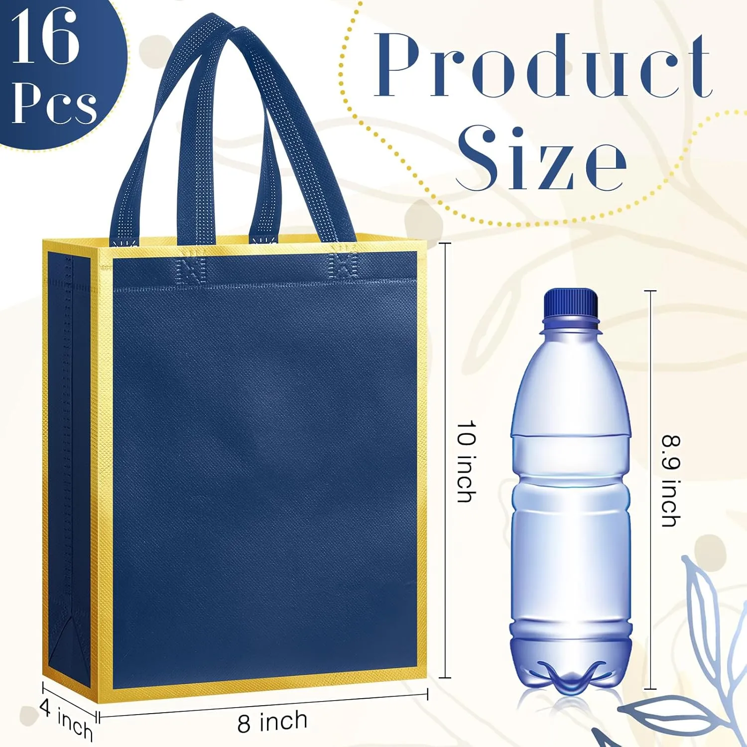 Sweetude 16 Pcs Reusable Gift Goodie Bags with Handles Non Woven Party Favor Shopping Tote Bags for Wedding Birthday Holiday Party Graduation Bridesmaid Gift(Blue Gold,8 x 4 x 10 Inch)