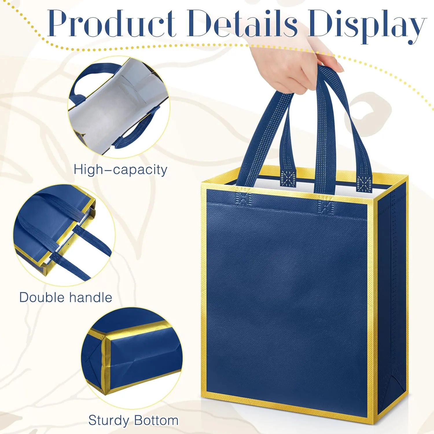 Sweetude 16 Pcs Reusable Gift Goodie Bags with Handles Non Woven Party Favor Shopping Tote Bags for Wedding Birthday Holiday Party Graduation Bridesmaid Gift(Blue Gold,8 x 4 x 10 Inch)