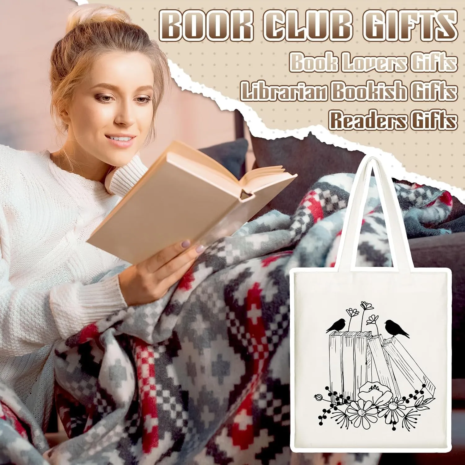 Sweetude 24 Christmas Canvas Book Tote Bags Bulk Club Gifts Aesthetic Book Lovers Librarian Bookish Readers Gifts