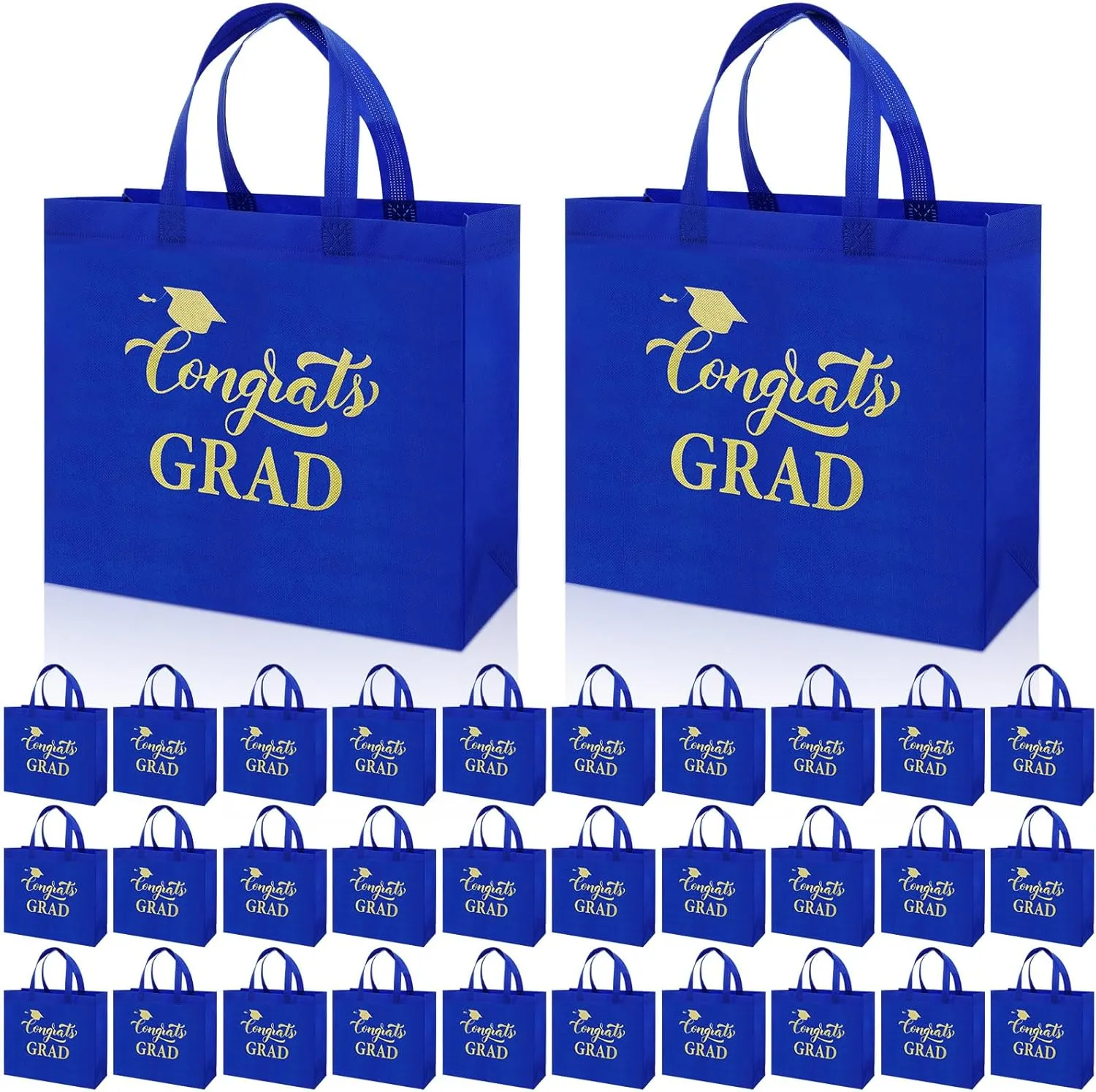 Sweetude 30 Pcs Large Graduation Gift Bags Bulk with Handles Reusable Non Woven Congrats Grad Tote Bags 12 x 11 x 5 Inch Graduation Party Favors for Grad College Nursing High School(Blue)