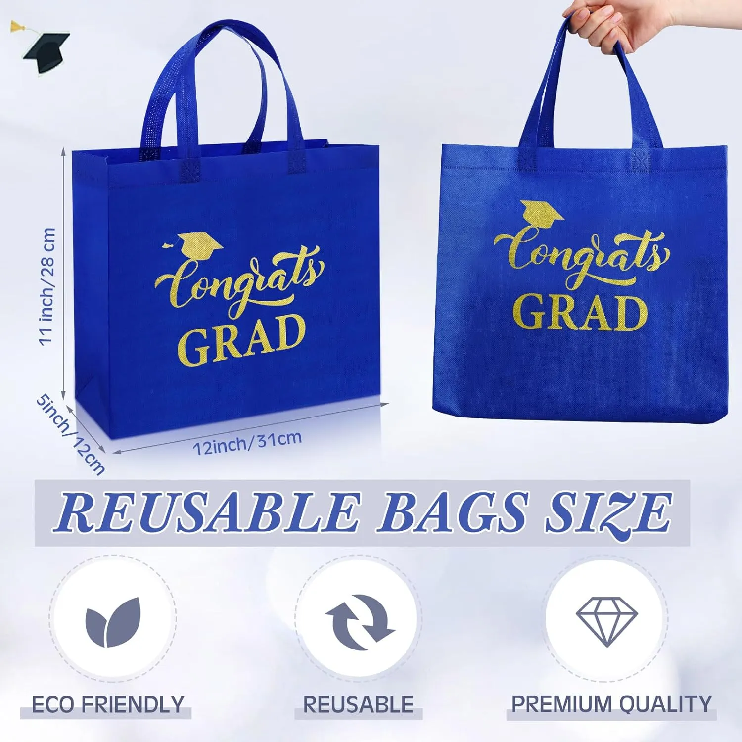 Sweetude 30 Pcs Large Graduation Gift Bags Bulk with Handles Reusable Non Woven Congrats Grad Tote Bags 12 x 11 x 5 Inch Graduation Party Favors for Grad College Nursing High School(Blue)
