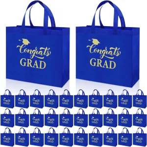 Sweetude 30 Pcs Large Graduation Gift Bags Bulk with Handles Reusable Non Woven Congrats Grad Tote Bags 12 x 11 x 5 Inch Graduation Party Favors for Grad College Nursing High School(Blue)