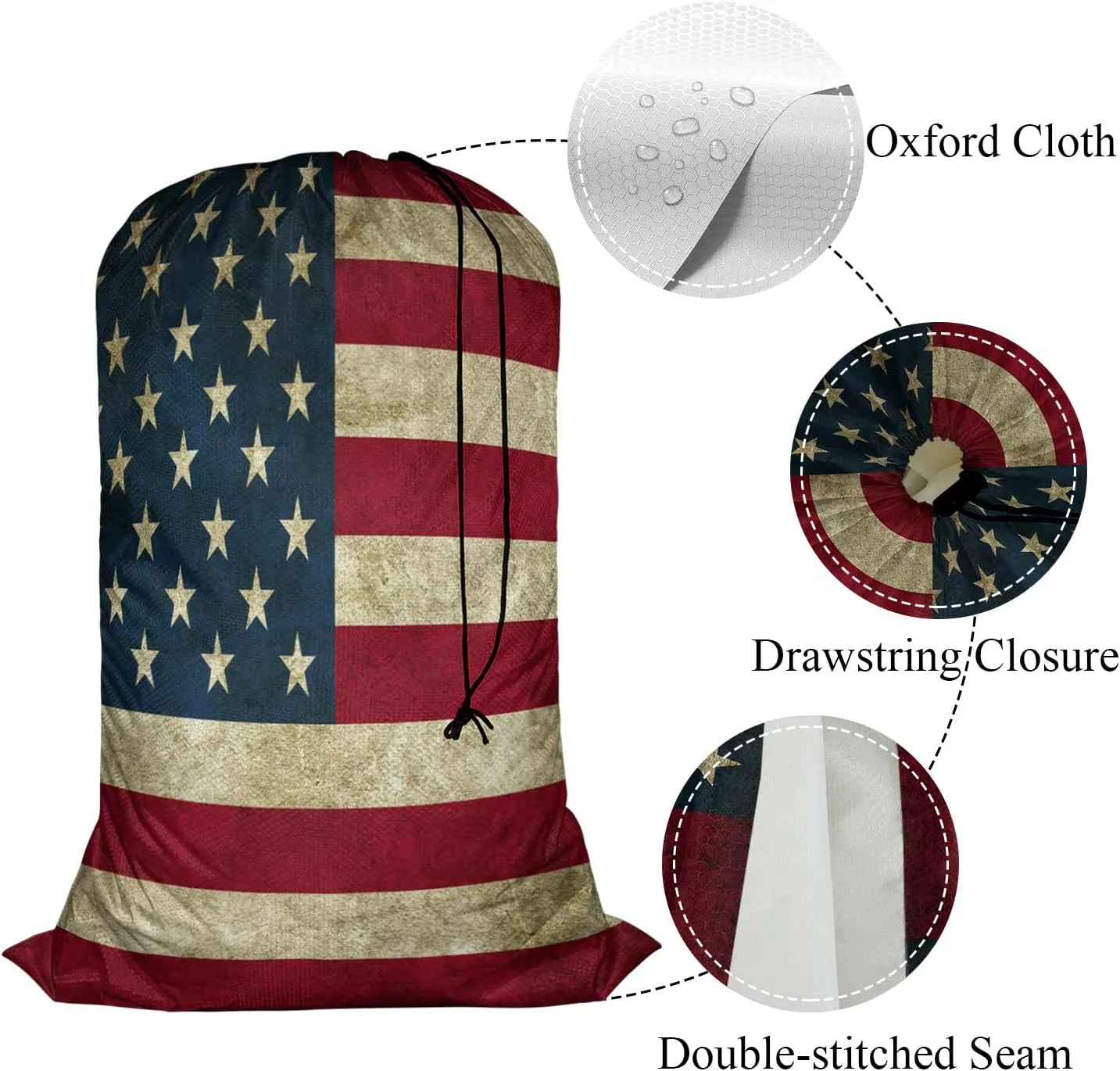 Swono Grunge USA Flag Large Dirty Clothes Laundry Bag for Laundry Basket Hamper, Patriot Striped Design Stars Old Aged Machine Washable Dirty Clothes Organizer, Oxford Cloth, American Banner