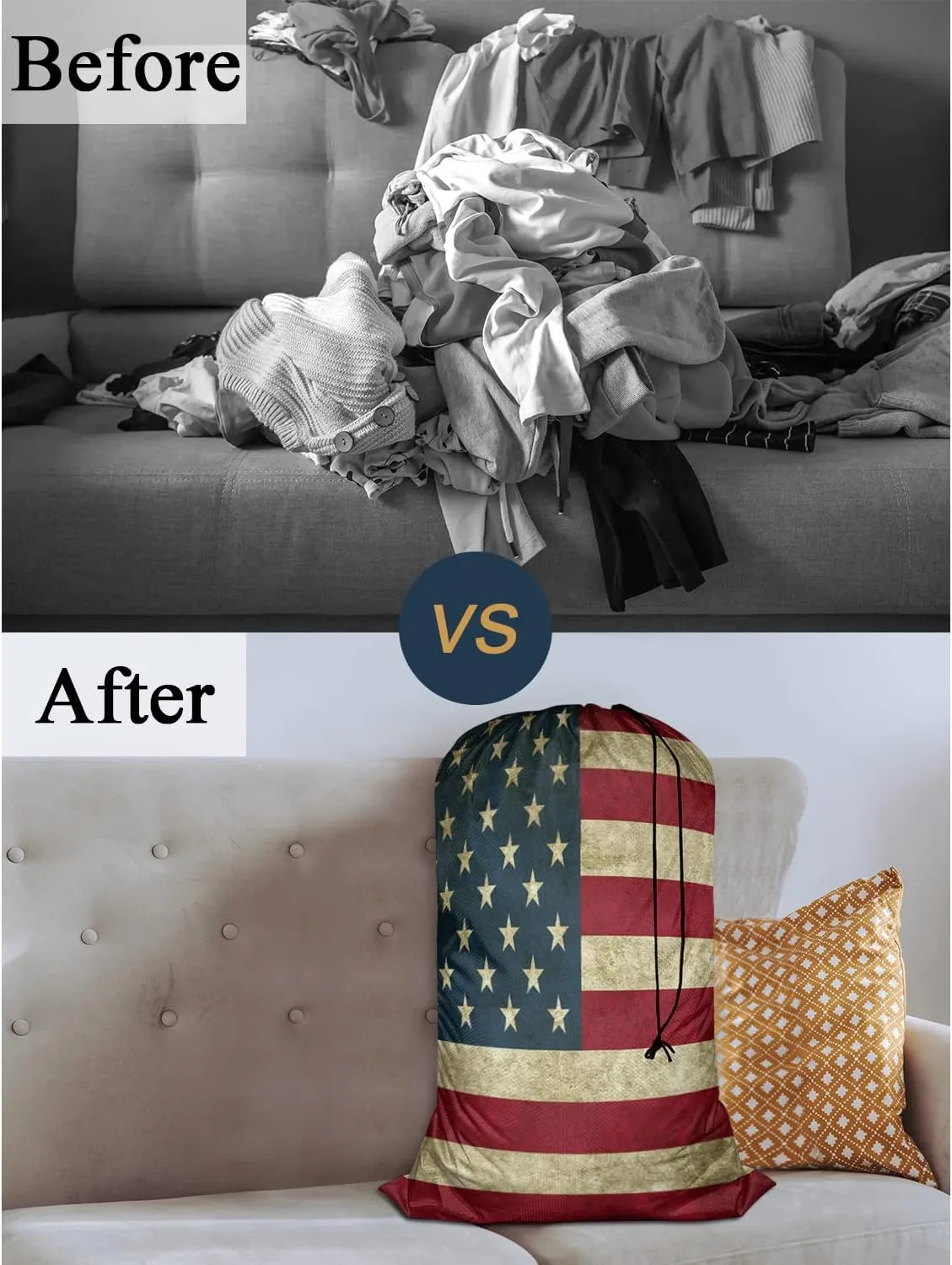 Swono Grunge USA Flag Large Dirty Clothes Laundry Bag for Laundry Basket Hamper, Patriot Striped Design Stars Old Aged Machine Washable Dirty Clothes Organizer, Oxford Cloth, American Banner