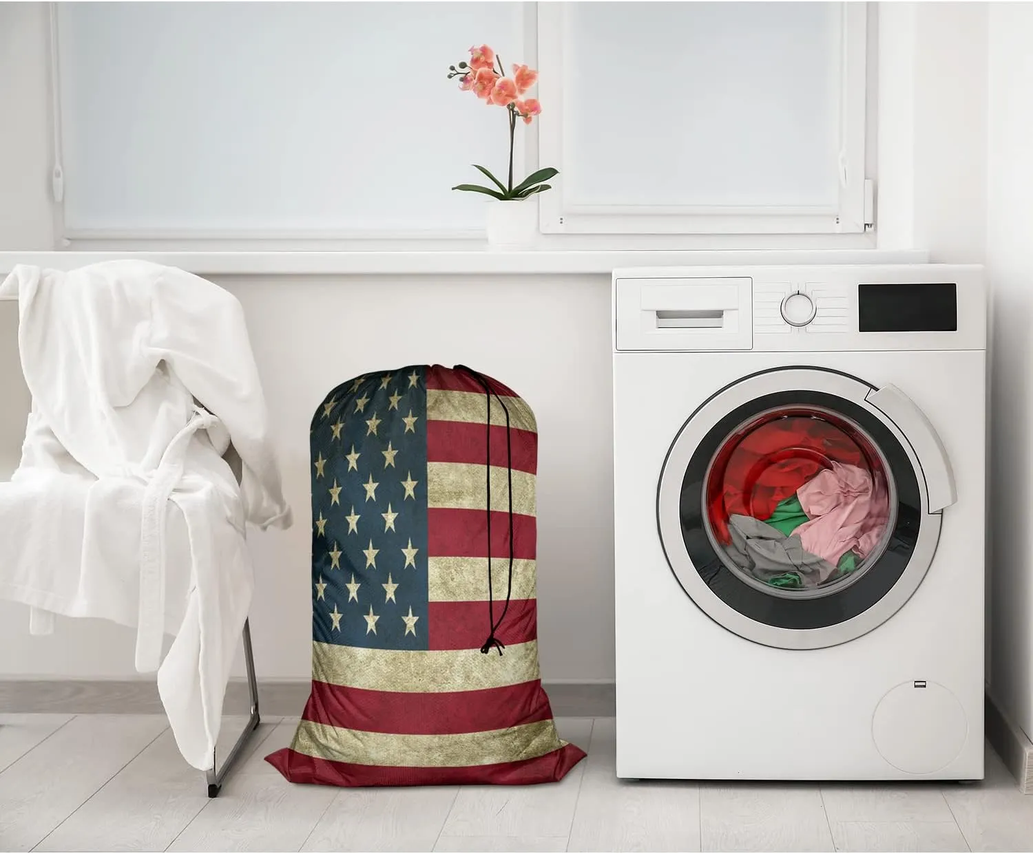 Swono Grunge USA Flag Large Dirty Clothes Laundry Bag for Laundry Basket Hamper, Patriot Striped Design Stars Old Aged Machine Washable Dirty Clothes Organizer, Oxford Cloth, American Banner