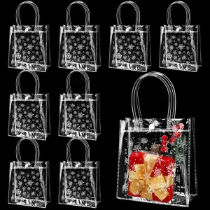 Talltalk 50 pcs Christmas Clear Gift Bags with Handles Bulk Snowflake Plastic PVC Candy Treat Wrap Tote Bags for Winter Holiday Party Gift Wedding Birthday Party Favors, 6.3 x 5.9 x 2.8 Inches