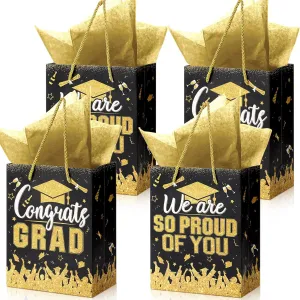 TaoBary 12 Pcs Graduation Gift Bags with Tissue Party Favor Bag Handles Class of 2025 Grad Paper Goodie Bulk for Congrats Supplies(Black Gold)