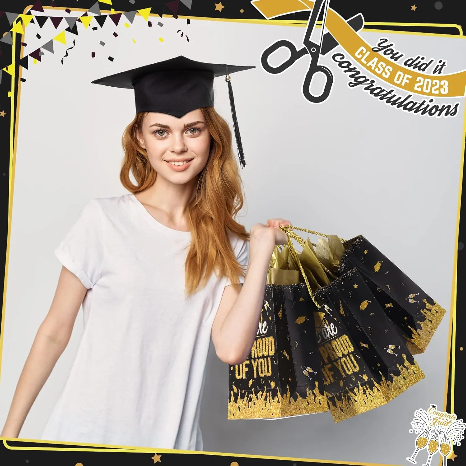 TaoBary 12 Pcs Graduation Gift Bags with Tissue Party Favor Bag Handles Class of 2025 Grad Paper Goodie Bulk for Congrats Supplies(Black Gold)