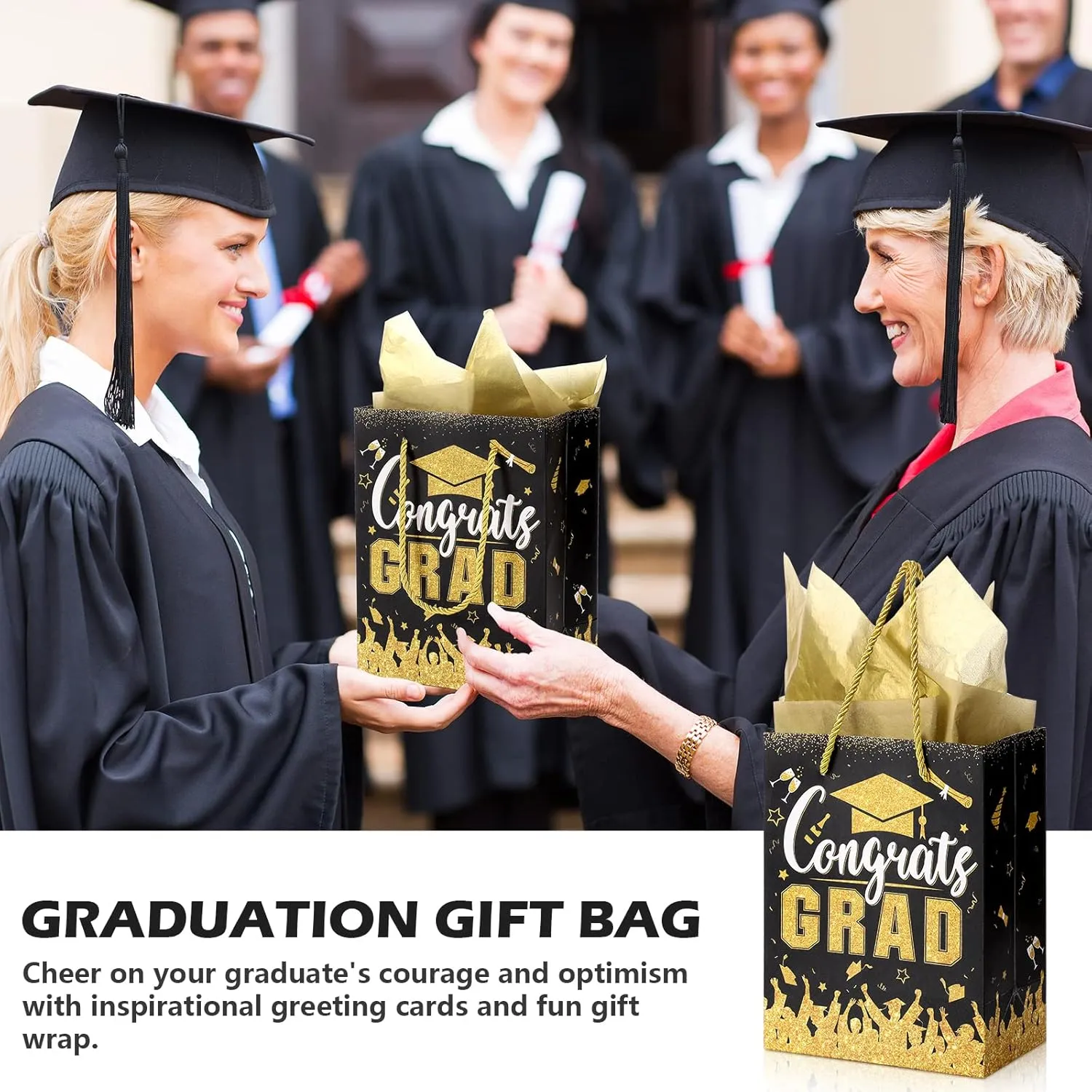 TaoBary 12 Pcs Graduation Gift Bags with Tissue Party Favor Bag Handles Class of 2025 Grad Paper Goodie Bulk for Congrats Supplies(Black Gold)