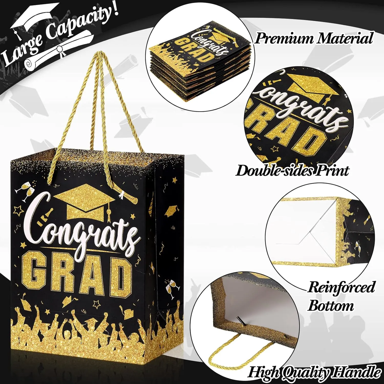 TaoBary 12 Pcs Graduation Gift Bags with Tissue Party Favor Bag Handles Class of 2025 Grad Paper Goodie Bulk for Congrats Supplies(Black Gold)