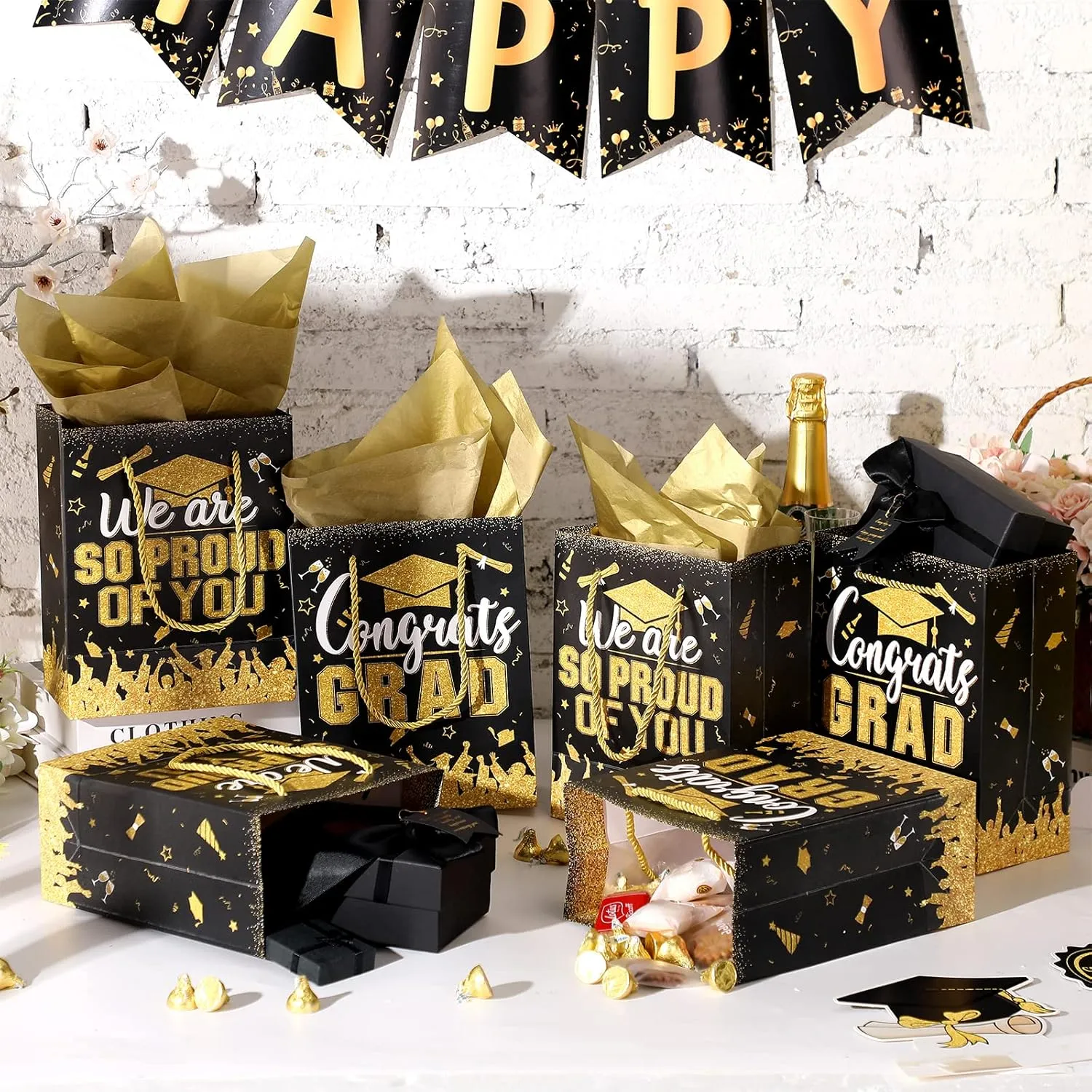 TaoBary 12 Pcs Graduation Gift Bags with Tissue Party Favor Bag Handles Class of 2025 Grad Paper Goodie Bulk for Congrats Supplies(Black Gold)