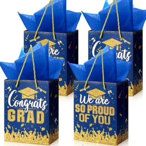 TaoBary 12 Pcs Graduation Gift Bags with Tissue Party Favor Bag Handles Class of 2025 Grad Paper Goodie Bulk for Congrats Supplies(Blue Gold)