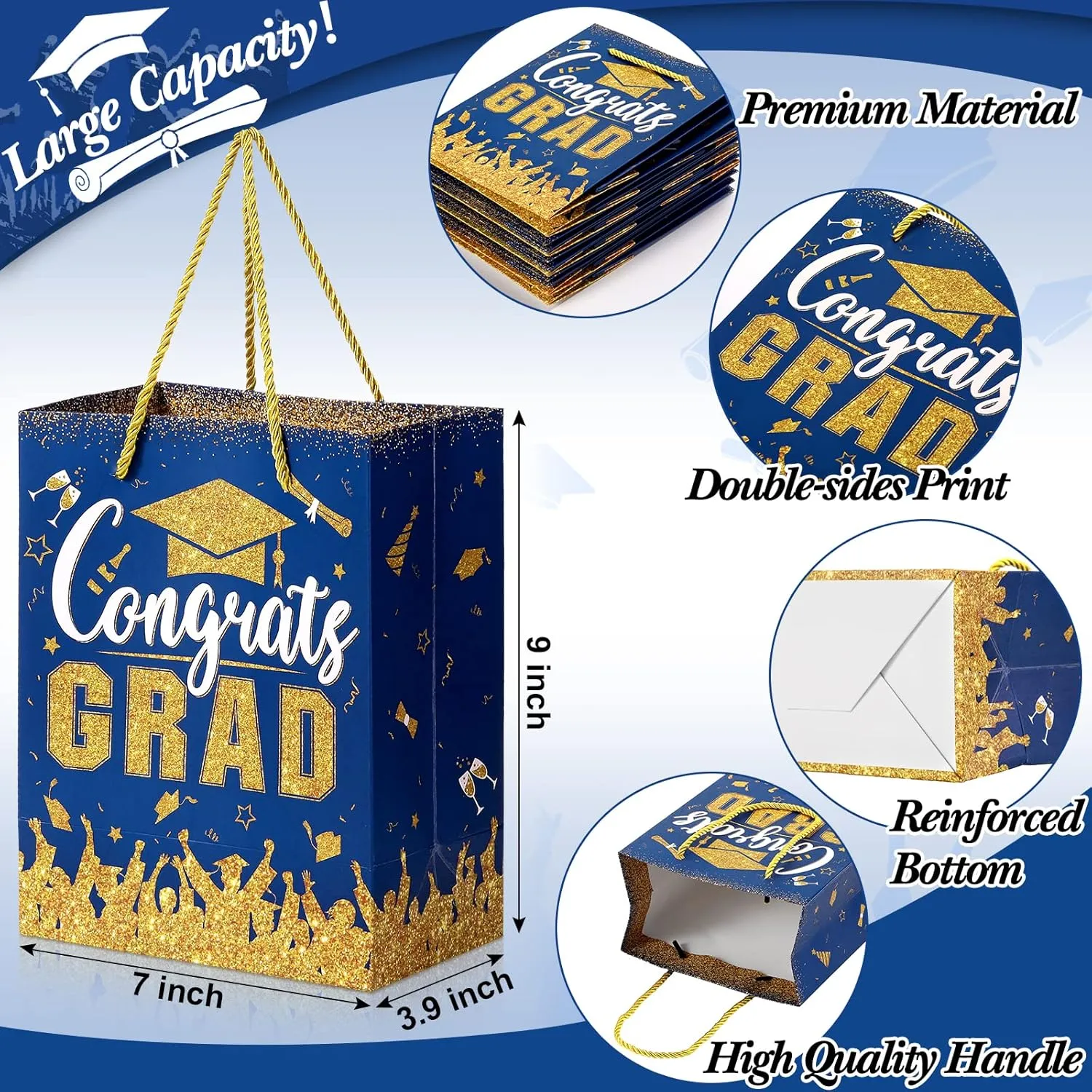 TaoBary 12 Pcs Graduation Gift Bags with Tissue Party Favor Bag Handles Class of 2025 Grad Paper Goodie Bulk for Congrats Supplies(Blue Gold)