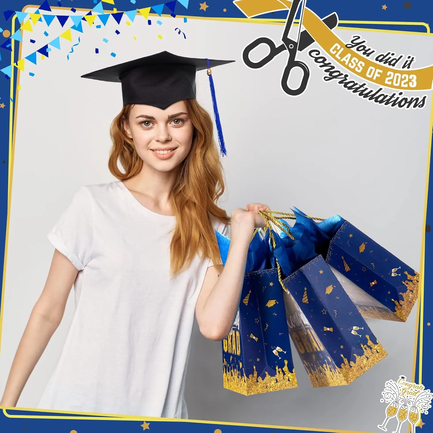 TaoBary 12 Pcs Graduation Gift Bags with Tissue Party Favor Bag Handles Class of 2025 Grad Paper Goodie Bulk for Congrats Supplies(Blue Gold)