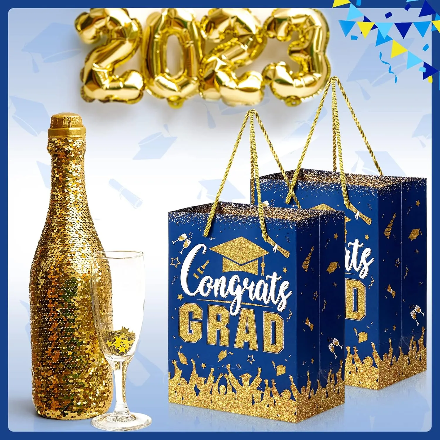 TaoBary 12 Pcs Graduation Gift Bags with Tissue Party Favor Bag Handles Class of 2025 Grad Paper Goodie Bulk for Congrats Supplies(Blue Gold)