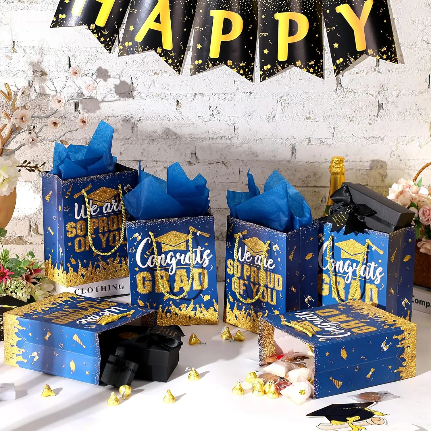 TaoBary 12 Pcs Graduation Gift Bags with Tissue Party Favor Bag Handles Class of 2025 Grad Paper Goodie Bulk for Congrats Supplies(Blue Gold)