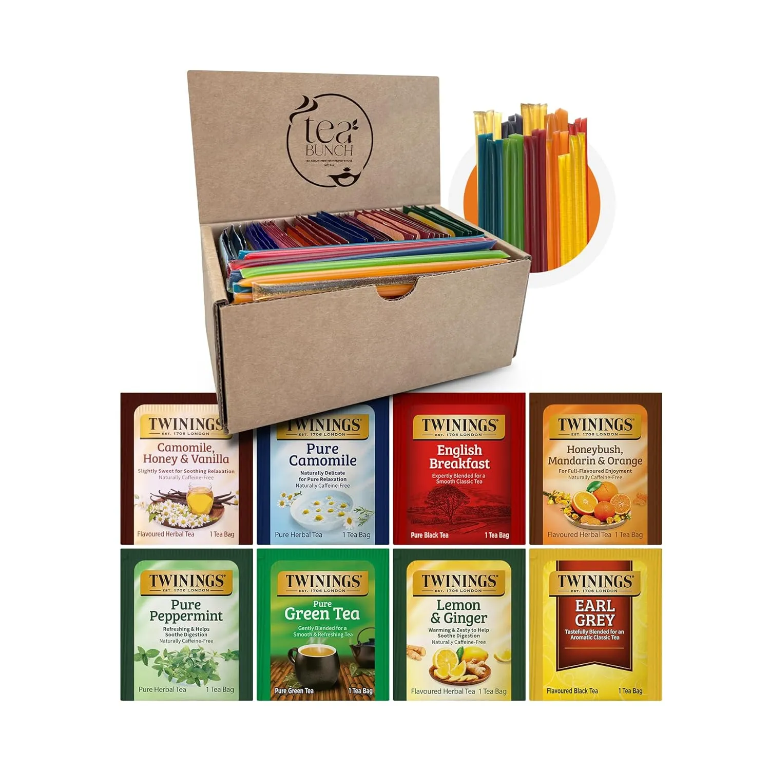 Tea Bunch Twinings 48 Tea Bags Herbal Variety Pack – 8 Herbal Flavors with 20 Honey Sticks, Perfect Tea Gift Set for Any Occasion