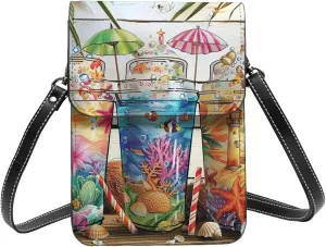 Tea Cups Tropical Beach Palm Trees Sea Hawaiian Crossbody Cell Phone Purse For Women Teen Girls Leather Small Crossbody Bag Mini Phone Pouch Purse, 7.5x5.3 Inches