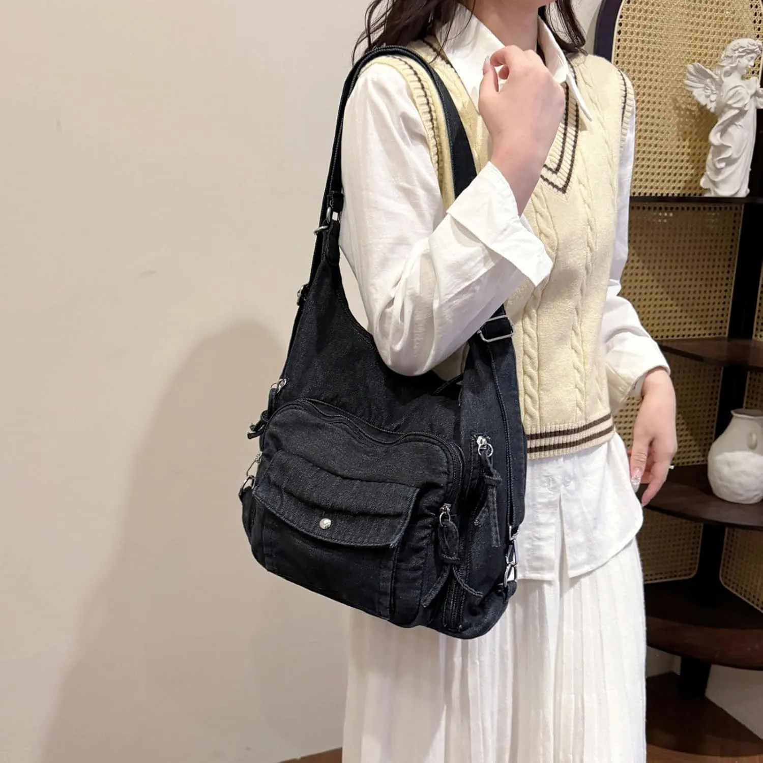 Teclado Denim Backpack Casual Crossbody Bag Messenger Bag Shoulder Bag Hobo Bag Travel Daypacks (Black)