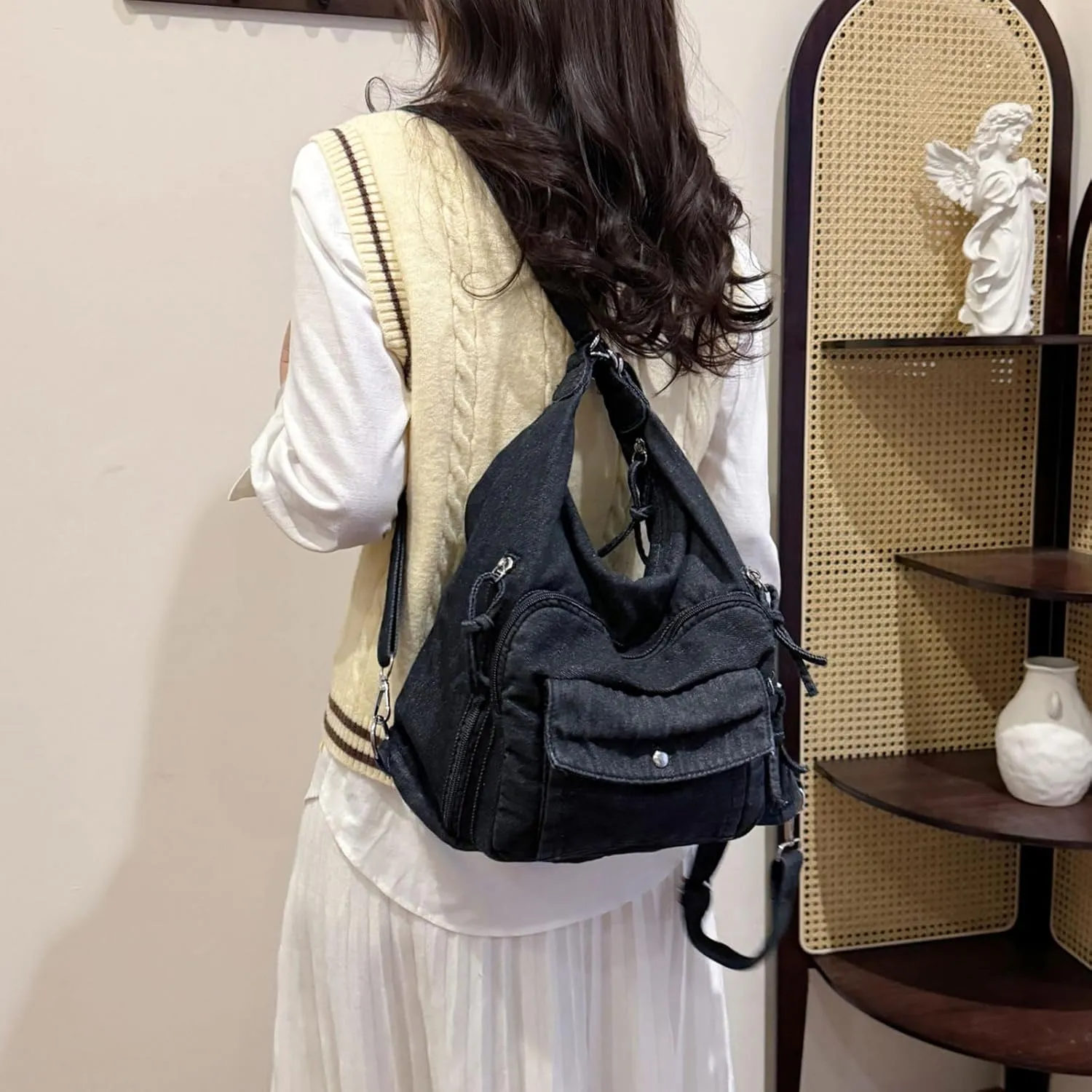 Teclado Denim Backpack Casual Crossbody Bag Messenger Bag Shoulder Bag Hobo Bag Travel Daypacks (Black)