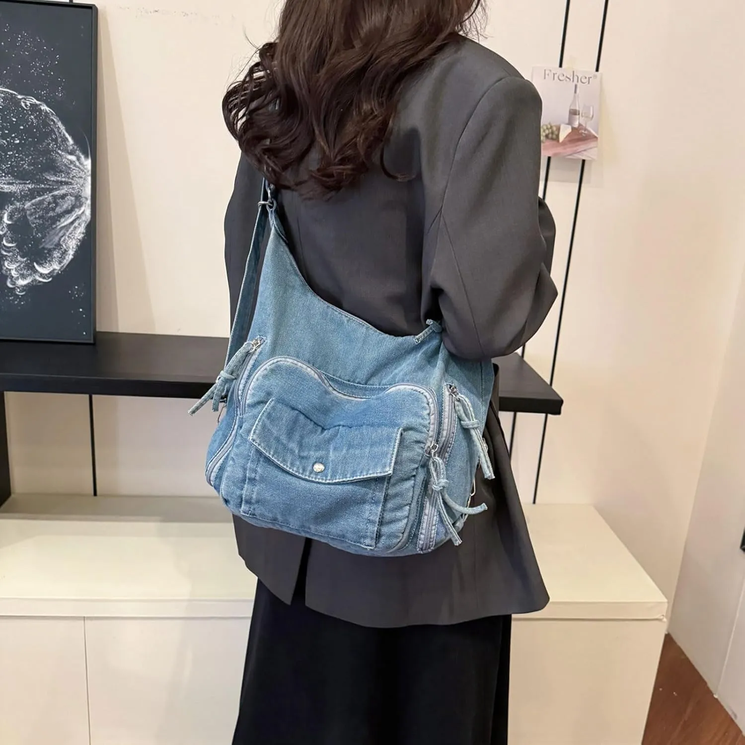 Teclado Denim Backpack Casual Crossbody Bag Messenger Bag Shoulder Bag Hobo Bag Travel Daypacks (Blue)