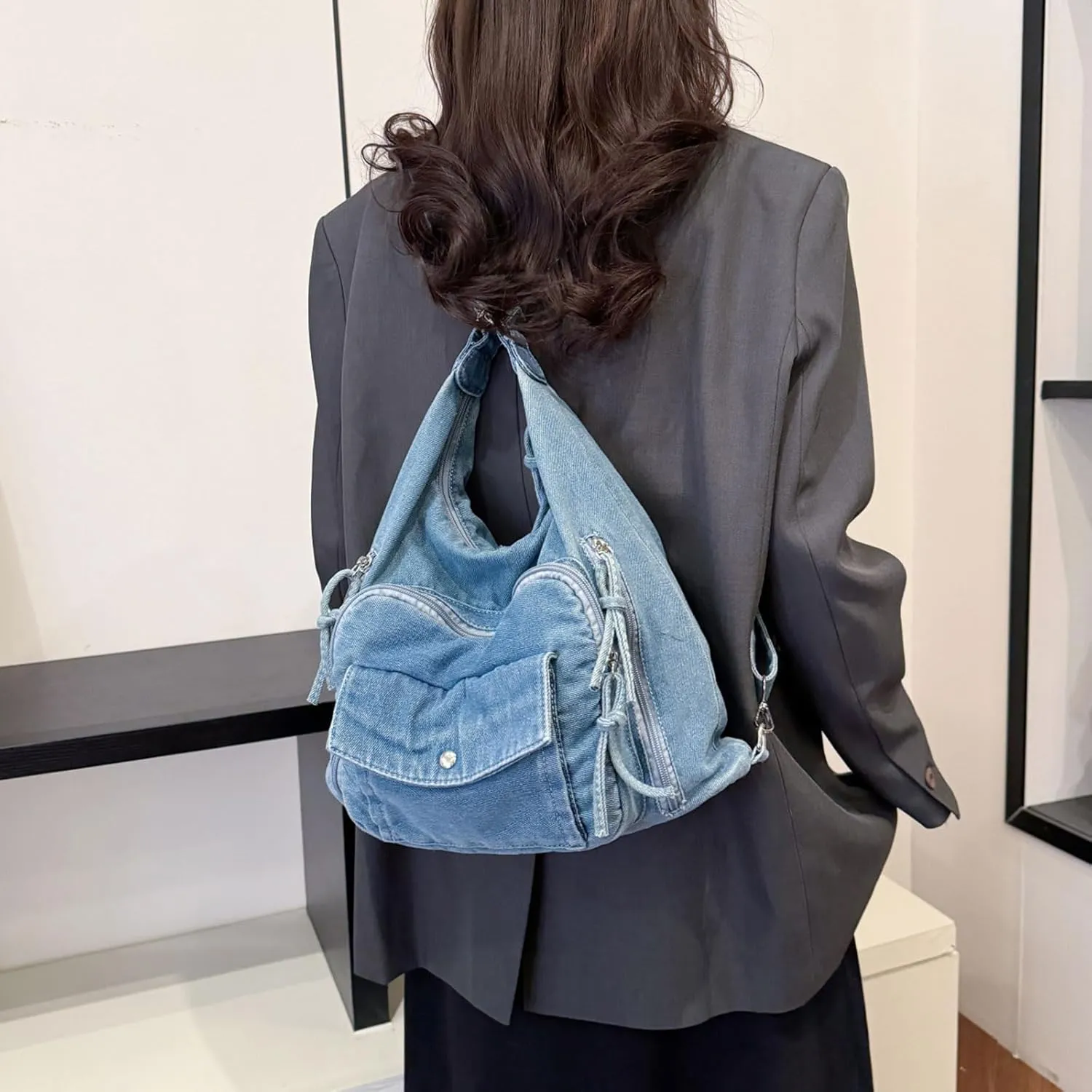 Teclado Denim Backpack Casual Crossbody Bag Messenger Bag Shoulder Bag Hobo Bag Travel Daypacks (Blue)