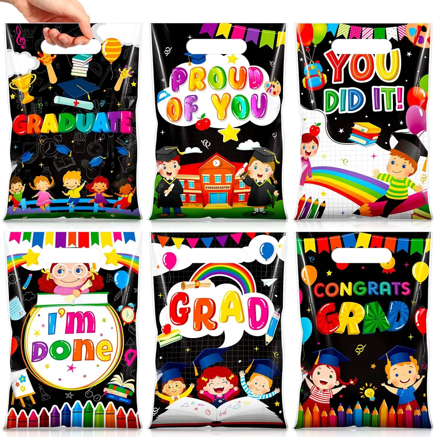Teenyyou 60 Pcs Kindergarten Graduation Bags Plastic Preschool Grad Gifts Bulk Small Prek Graduation Candy Treat Goodie Bags with Handles for Congrats Grad Birthday Party Favors Supplies