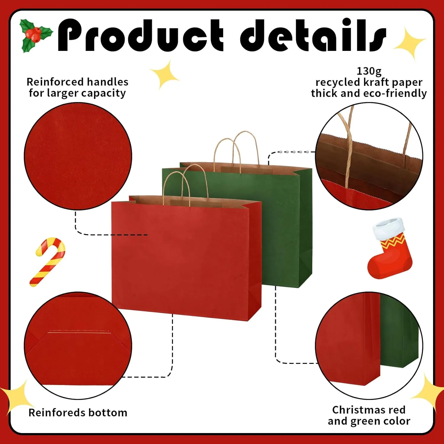 Tenceur 100 Pcs Red and Green Christmas Gift Bags Kraft Paper Bags with Handles Holiday Gift Bags for Wedding Baby Shower Bridal Shower Shopping Party Favor Business(16 x 12 x 6 Inch)