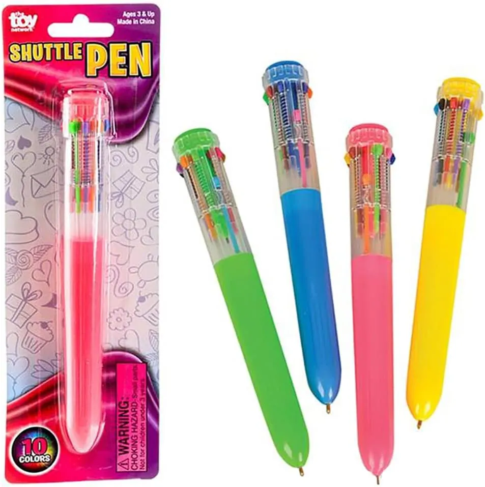 The Dreidel Company Shuttle Pen, 10 Multi-color Ballpoint Pens, 4 Neon Colors In Pen for Office School Supplies Students Children, 6.25" (8-Pack)