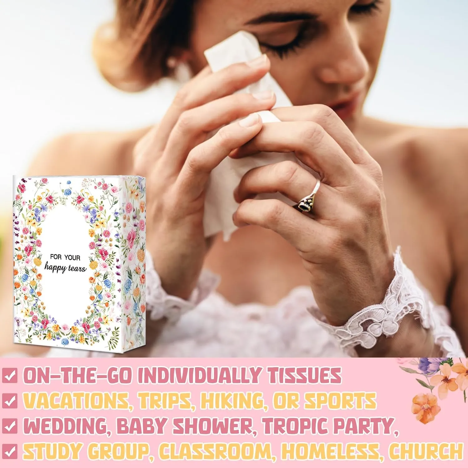 Therwen 100 Pack Wedding Happy Tears Tissues Packs for Wedding Guests 1000 Sheet Tissues Packs Travel Size Bulk Wedding Tissues Wedding Day Welcome Bags Essentials Stuffers Emergency Kit (Bright)