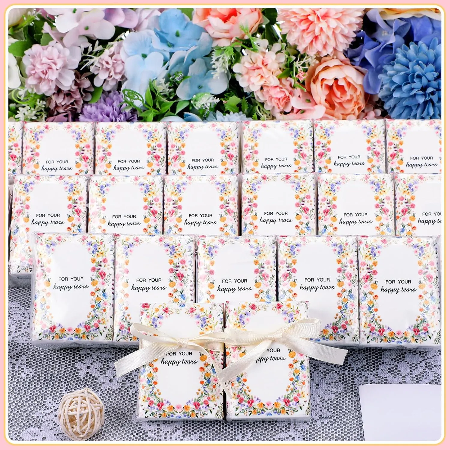 Therwen 100 Pack Wedding Happy Tears Tissues Packs for Wedding Guests 1000 Sheet Tissues Packs Travel Size Bulk Wedding Tissues Wedding Day Welcome Bags Essentials Stuffers Emergency Kit (Bright)
