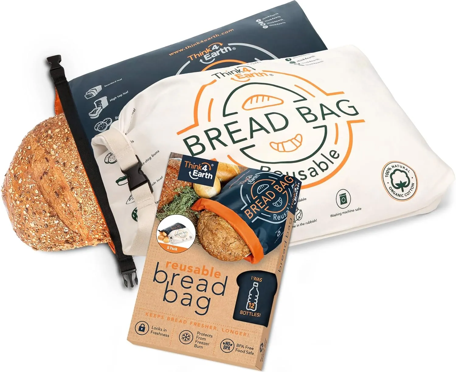 Think4Earth - (2 Pack) Reusable Bread Bags - Freezer Storage for Homemade Bread, Sourdough Loafs, Gift Giving