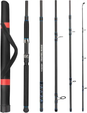 THKFISH 4 Piece/5 Piece Saltwater Travel Rod, Heavy Spinning Fishing Rod Portable Travel Surf Rod Carbon Fiber Saltwater Boat Fishing Rod 6’9”/7’9”/8’9” with Case Bag for Seawater Fish