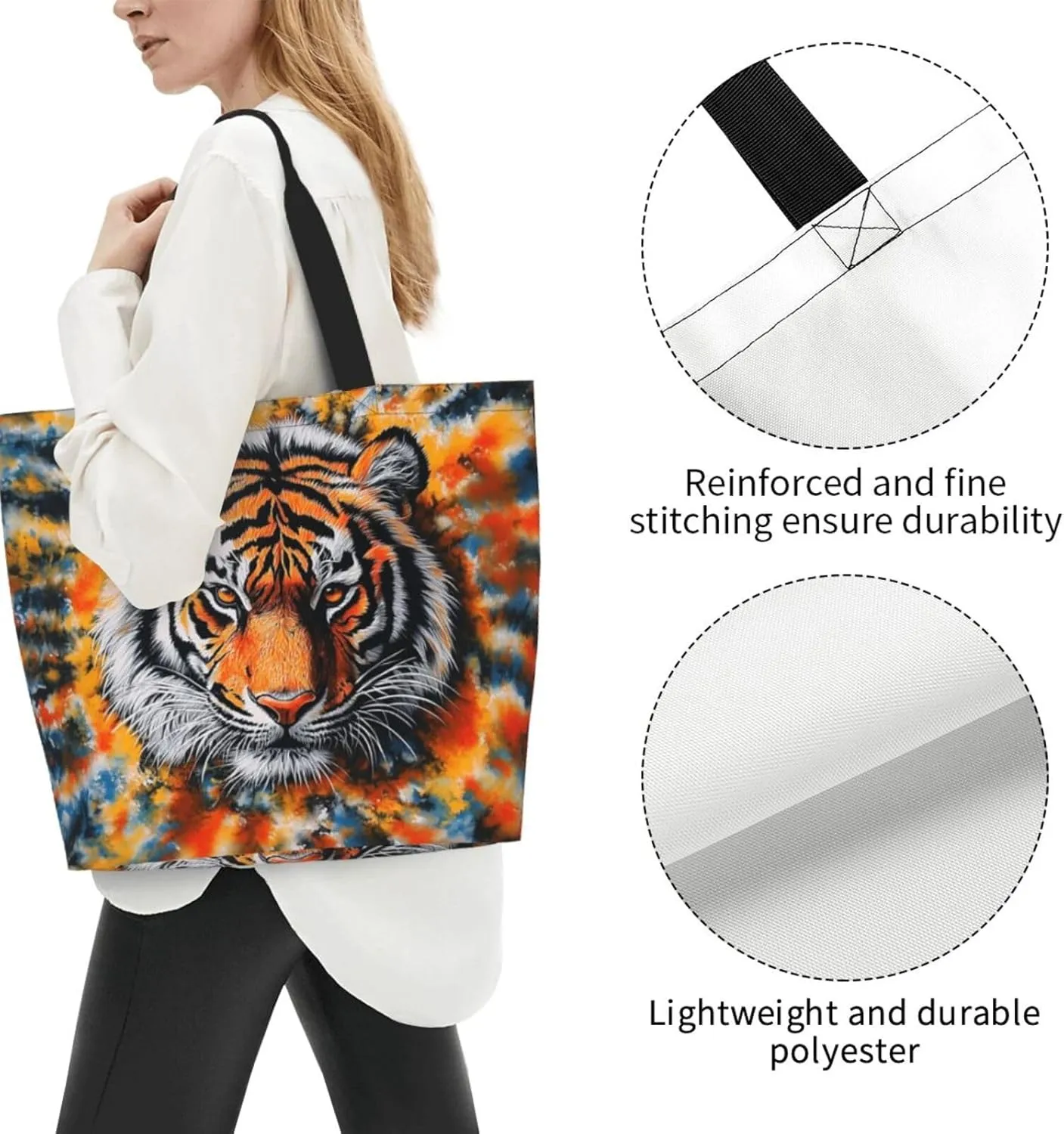 tigar tie dye print Reusable Shoulder Bags Large Casual Tote Bag Shopping Grocery grocery bag