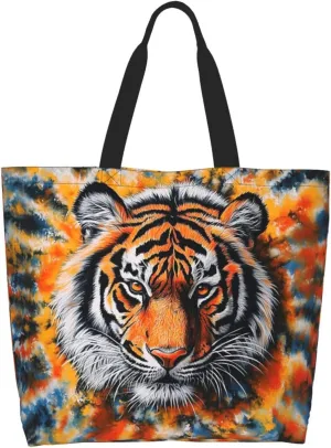 tigar tie dye print Reusable Shoulder Bags Large Casual Tote Bag Shopping Grocery grocery bag