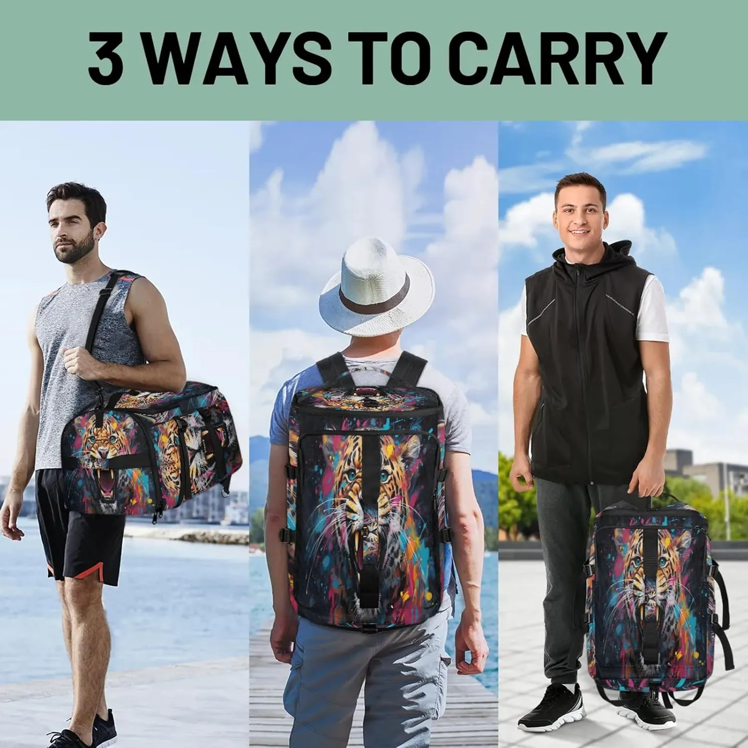 Tiger Print Gym Bags for Men Women Sports Backpack with Shoe Compartment 3-in-1 Tactical Duffle Bag for Overnight Weekender Travel