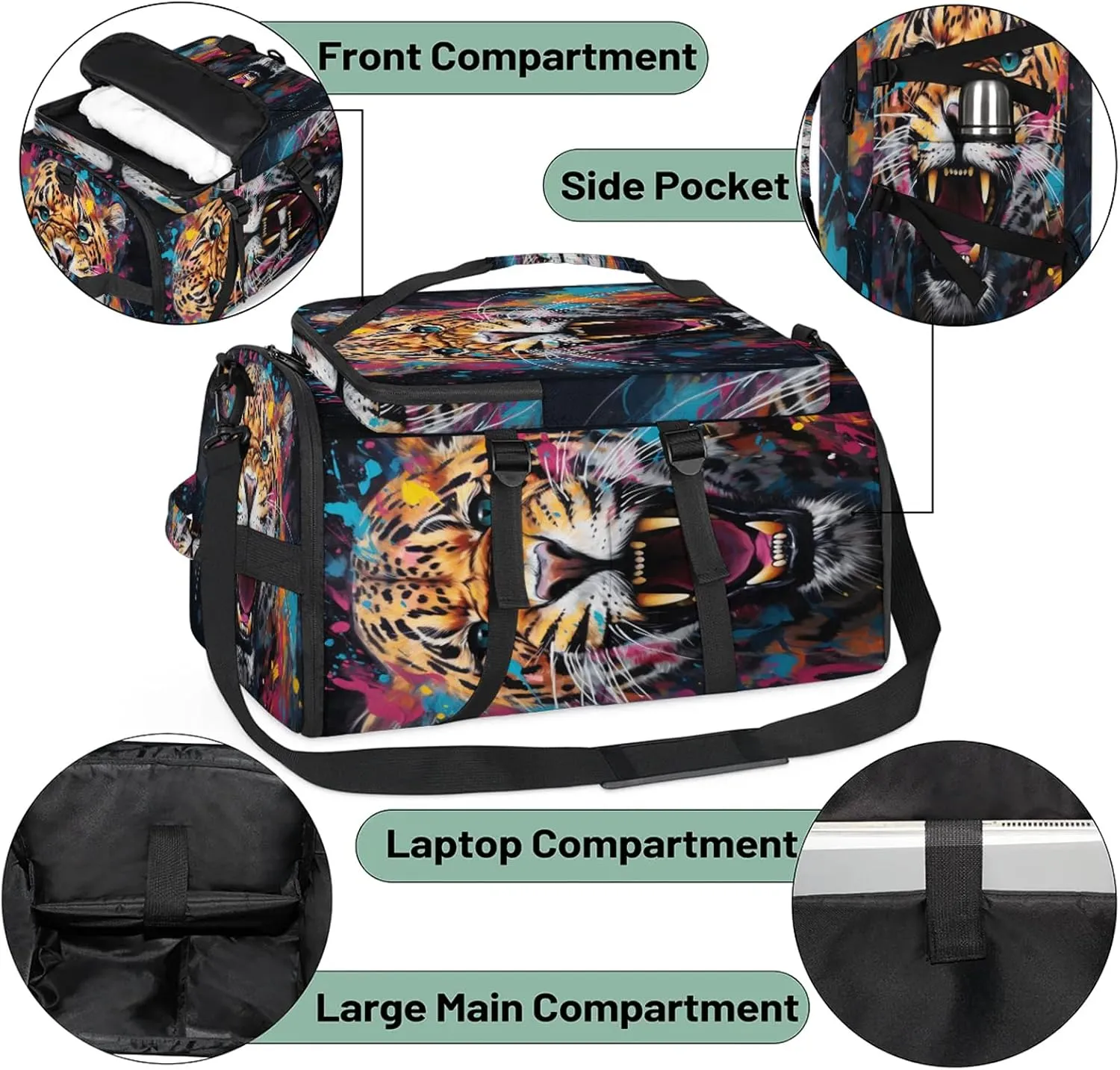 Tiger Print Gym Bags for Men Women Sports Backpack with Shoe Compartment 3-in-1 Tactical Duffle Bag for Overnight Weekender Travel