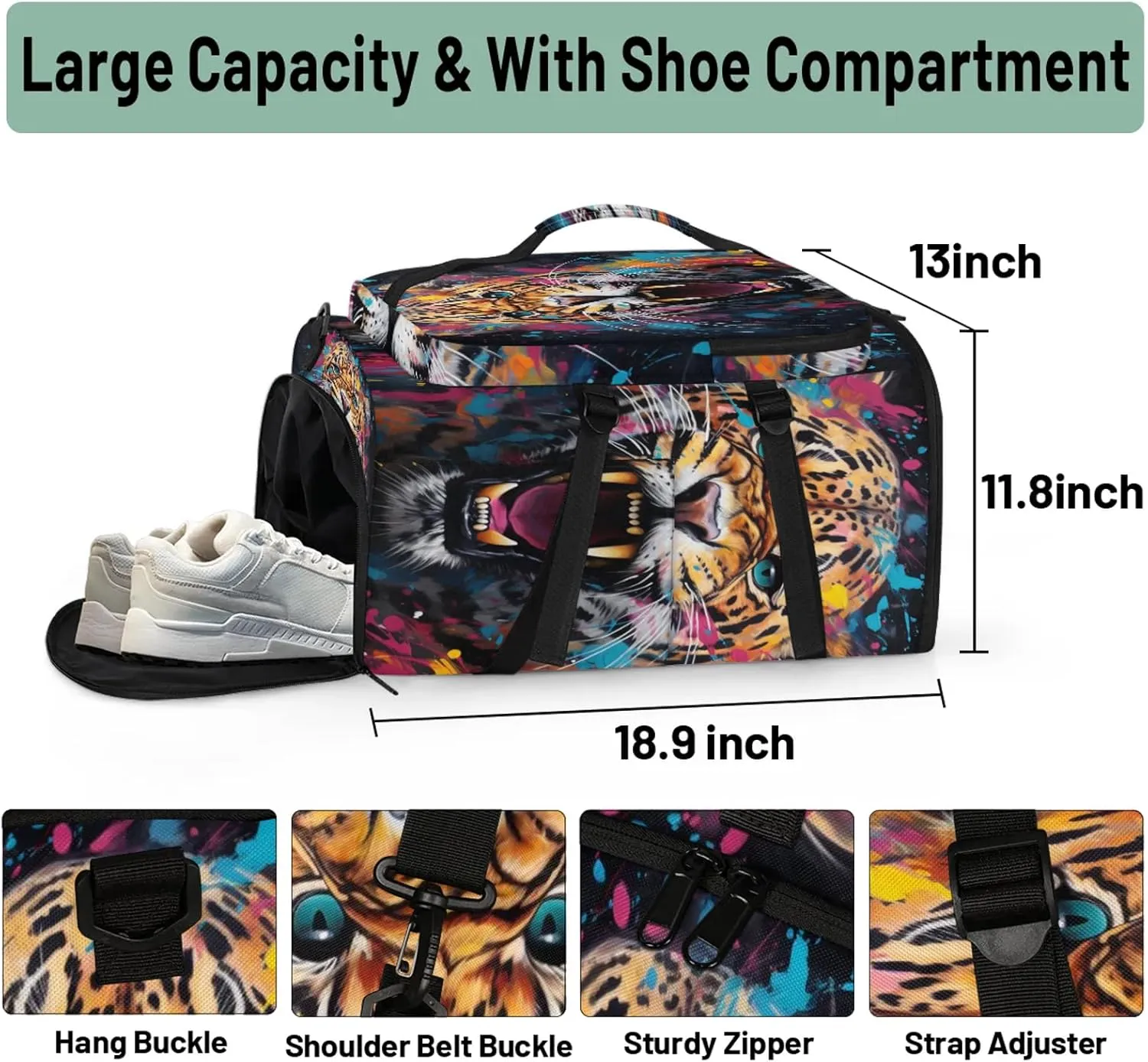 Tiger Print Gym Bags for Men Women Sports Backpack with Shoe Compartment 3-in-1 Tactical Duffle Bag for Overnight Weekender Travel