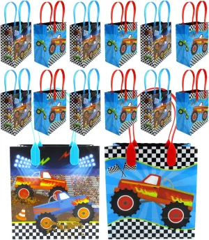 TINYMILLS Monster Truck Themed Party Favor Bags Treat Bags with Handles, Monster Truck Candy bags for Birthday Party Goodie Bags, Party Supply Decoration, Pack of 12