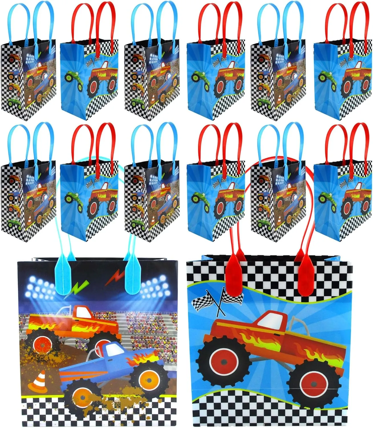 TINYMILLS Monster Truck Themed Party Favor Bags Treat Bags with Handles, Monster Truck Candy bags for Birthday Party Goodie Bags, Party Supply Decoration, Pack of 12