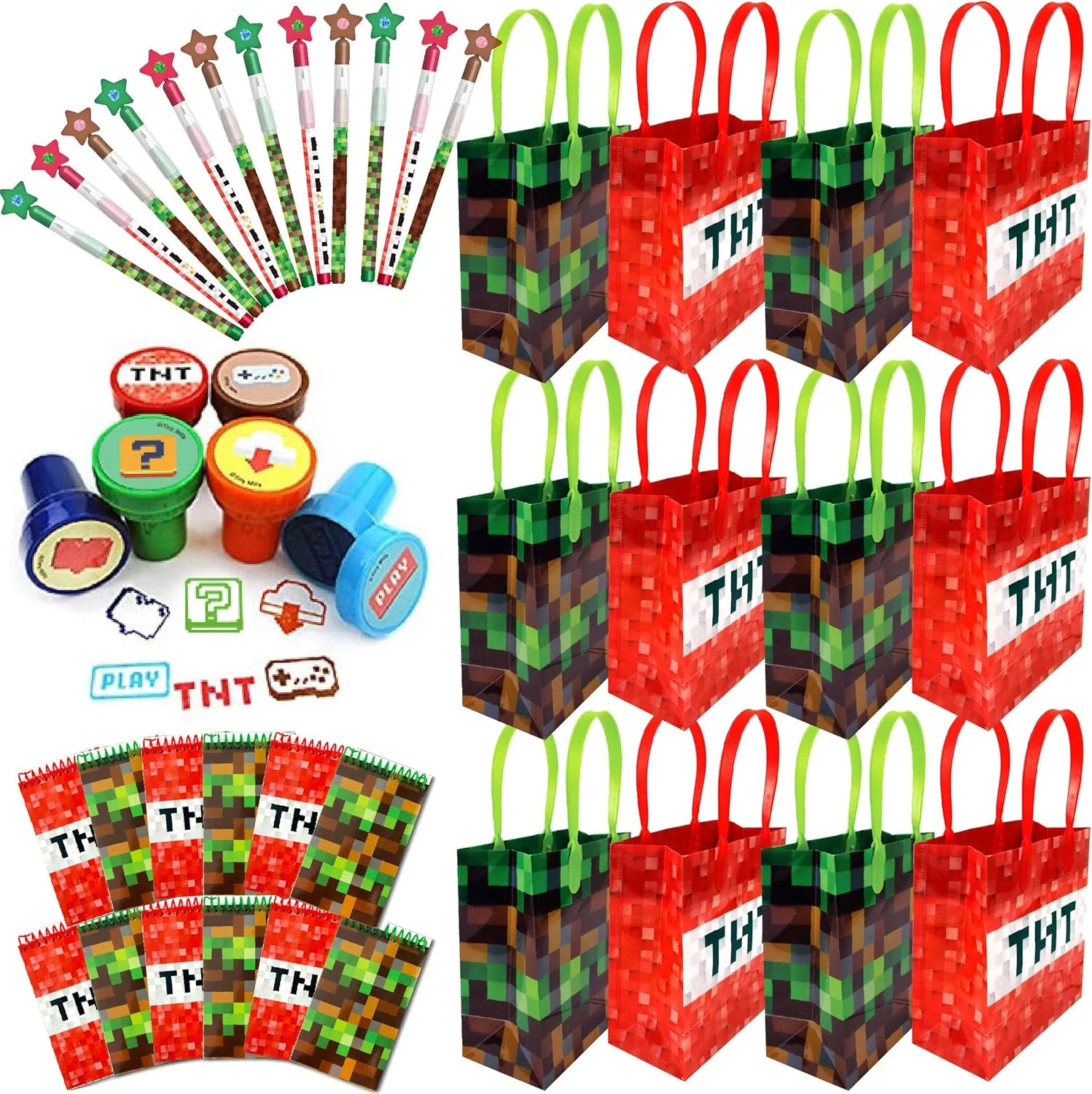 TINYMILLS Pixel Miner Party Favor Set of 60 Pcs (12 Party Favor Treat Goody Bags with Handles, 24 Self-Ink Stamps for Kids, 12 multi-point pencils, 12 small spiral notepads)