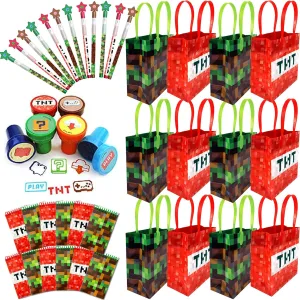 TINYMILLS Pixel Miner Party Favor Set of 60 Pcs (12 Party Favor Treat Goody Bags with Handles, 24 Self-Ink Stamps for Kids, 12 multi-point pencils, 12 small spiral notepads)